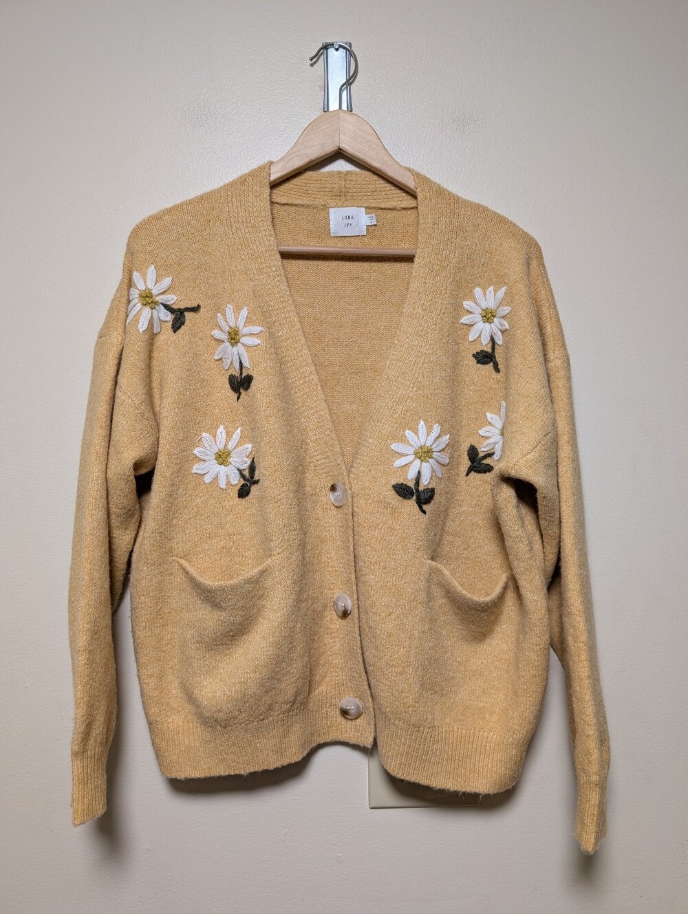 Luna Ivy Daisy Embroidered Cardigan Small Mustard Floral Cottagecore Sweater